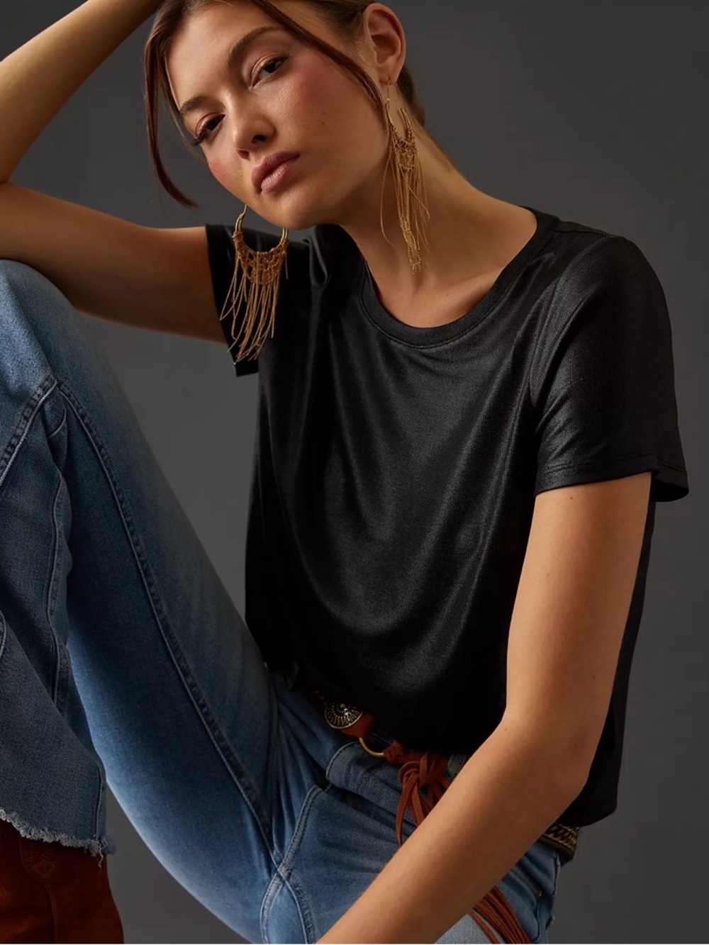 PORRIDGE Sleek Black Semi-Sheet Short-Sleeve Crewneck Top NWT Size Small